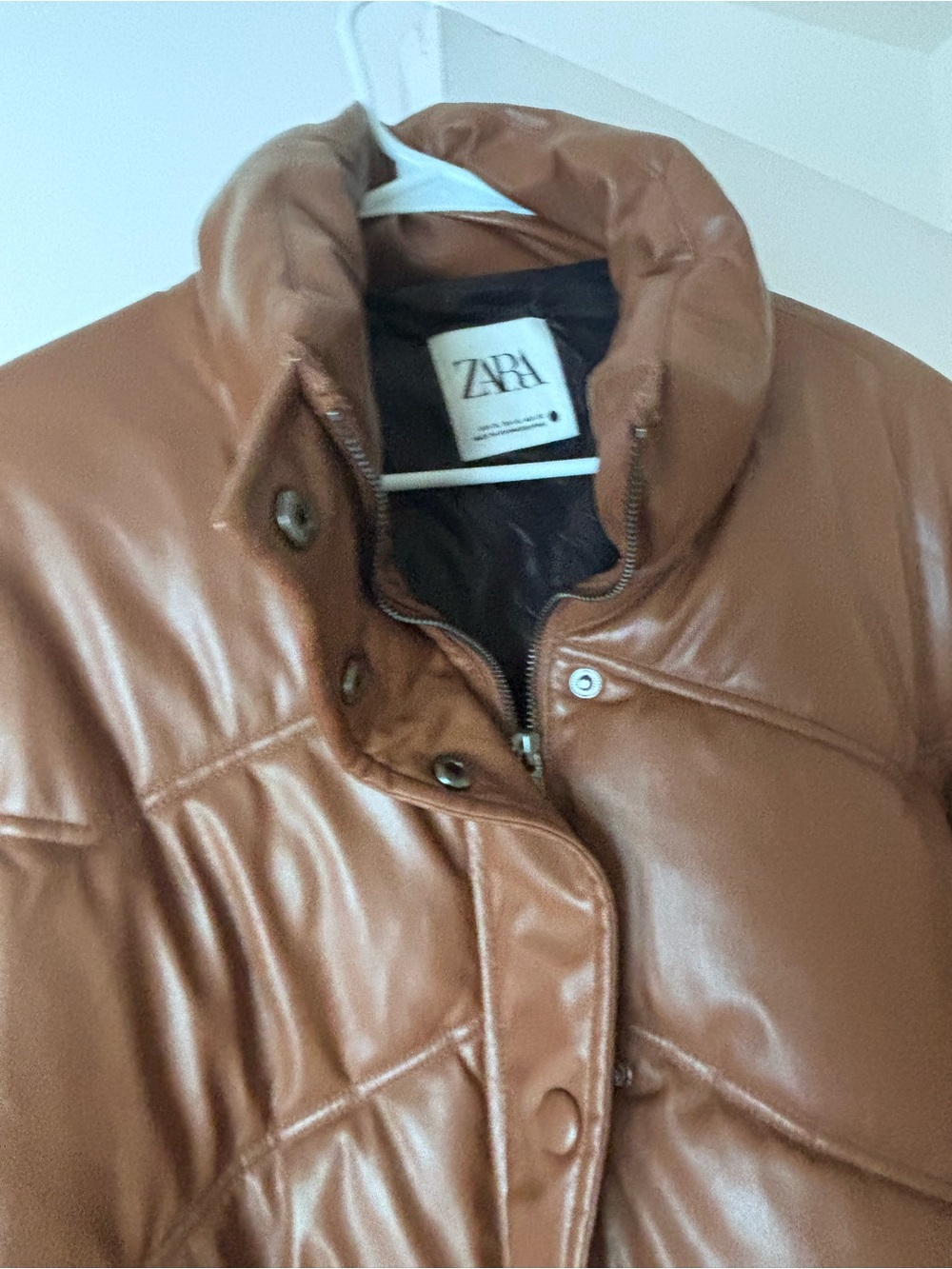 NWOT Zara Chestnut Brown Faux-Leather Puffer Jacket - Picture 4 of 5